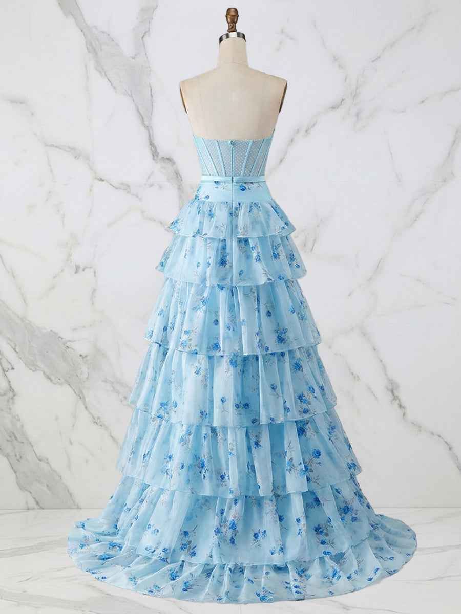Light Blue Floral Strapless Tiered Corset Prom Dress With Sweetheart Neckline