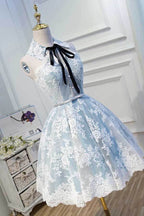 Light Blue Halter Lace Appliques Homecoming Dresses, Short Prom Dress