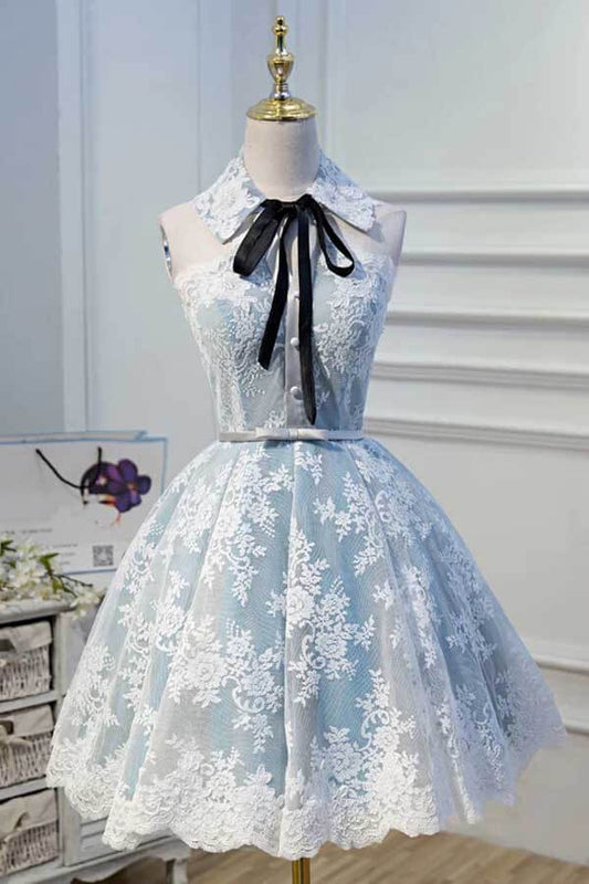 Light Blue Halter Lace Appliques Homecoming Dresses, Short Prom Dress