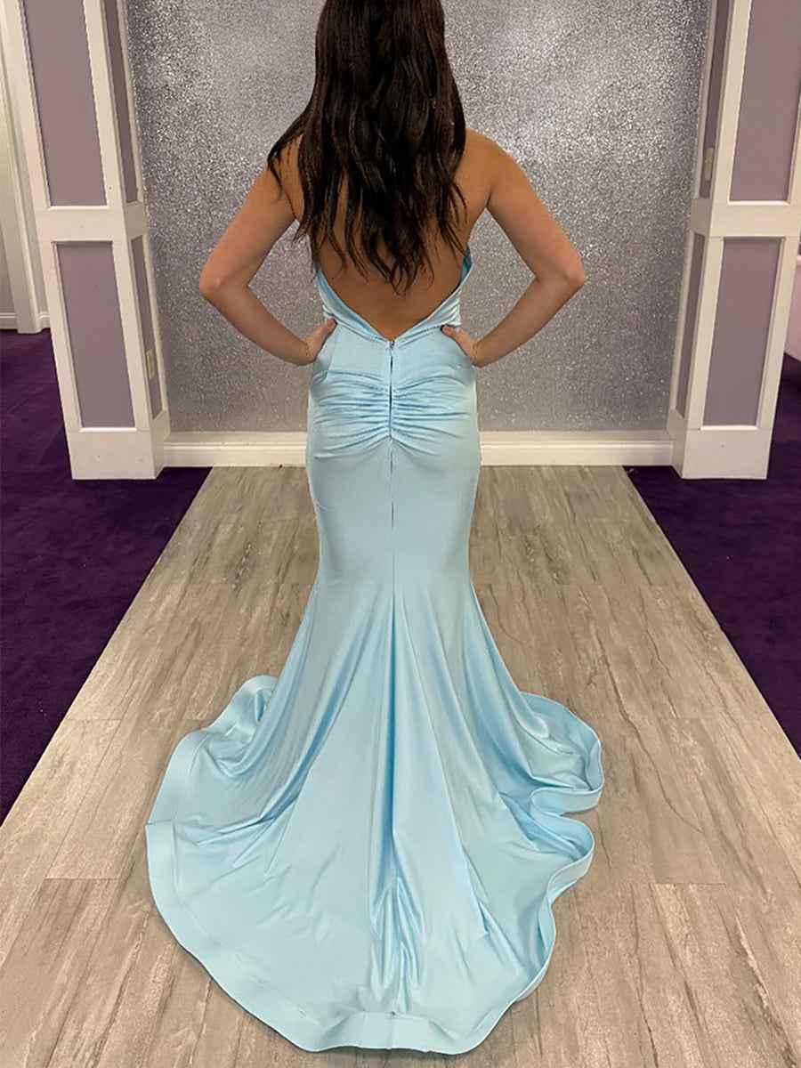 Light Blue Halter Mermaid Prom Dress With Ruffled V Neck