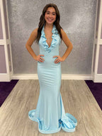 Light Blue Halter Mermaid Prom Dress With Ruffled V Neck