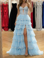 Light Blue Lace Corset Prom Dress With Sparkle Trim
