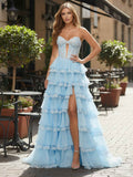 Light Blue Lace Corset Prom Dress With Sparkle Trim