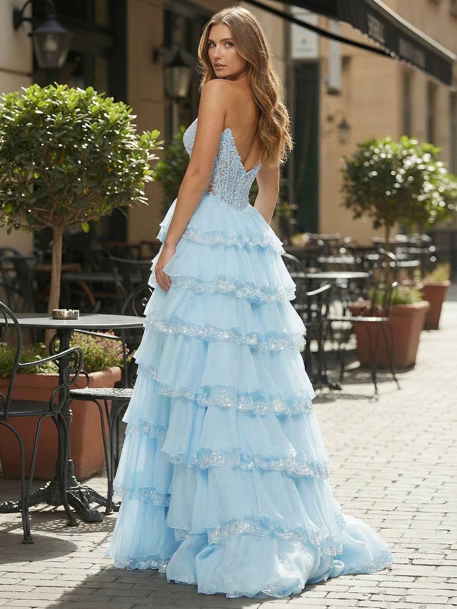 Light Blue Lace Corset Prom Dress With Sparkle Trim