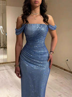 Light Blue Mermaid Off Shoulder Ruched Long Prom Dress
