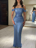 Light Blue Mermaid Off Shoulder Ruched Long Prom Dress