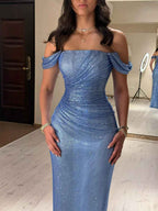 Light Blue Mermaid Off Shoulder Ruched Long Prom Dress