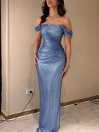 Light Blue Mermaid Off Shoulder Ruched Long Prom Dress