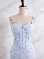 Light Blue Mermaid Prom Dress With Spaghetti Straps And Sequin Beading