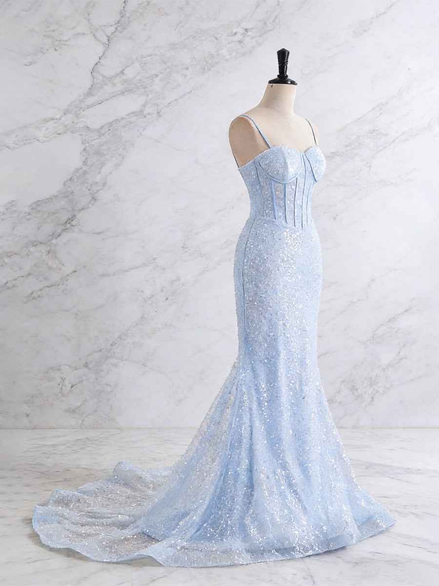 Light Blue Mermaid Prom Dress With Spaghetti Straps And Sequin Beading