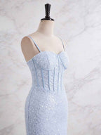 Light Blue Mermaid Prom Dress With Spaghetti Straps And Sequin Beading