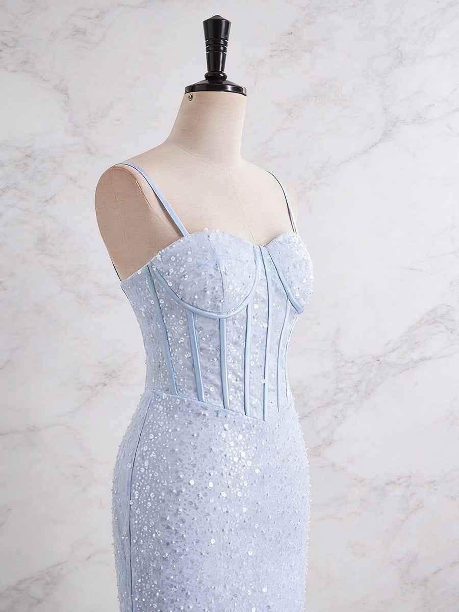 Light Blue Mermaid Prom Dress With Spaghetti Straps And Sequin Beading