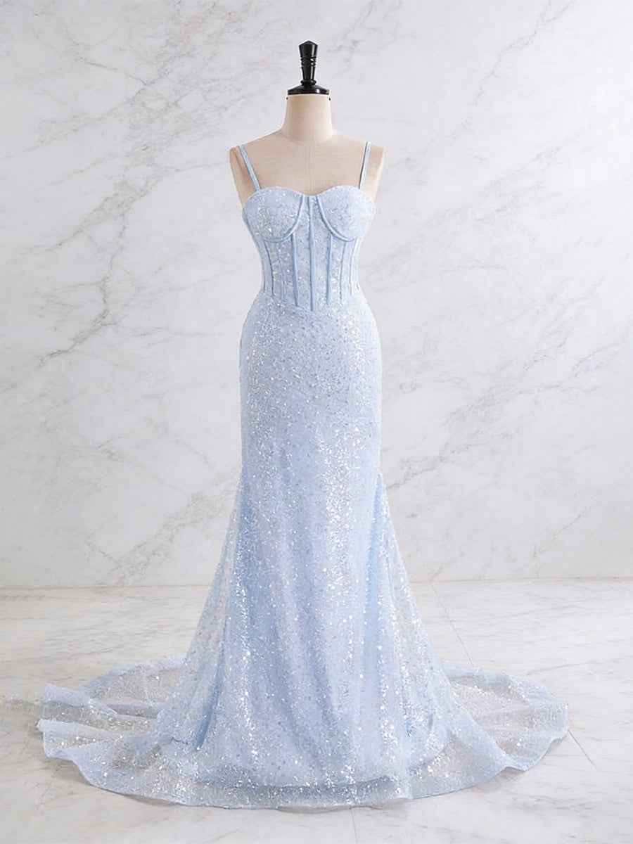Light Blue Mermaid Prom Dress With Spaghetti Straps And Sequin Beading