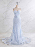 Light Blue Mermaid Prom Dress With Spaghetti Straps And Sequin Beading