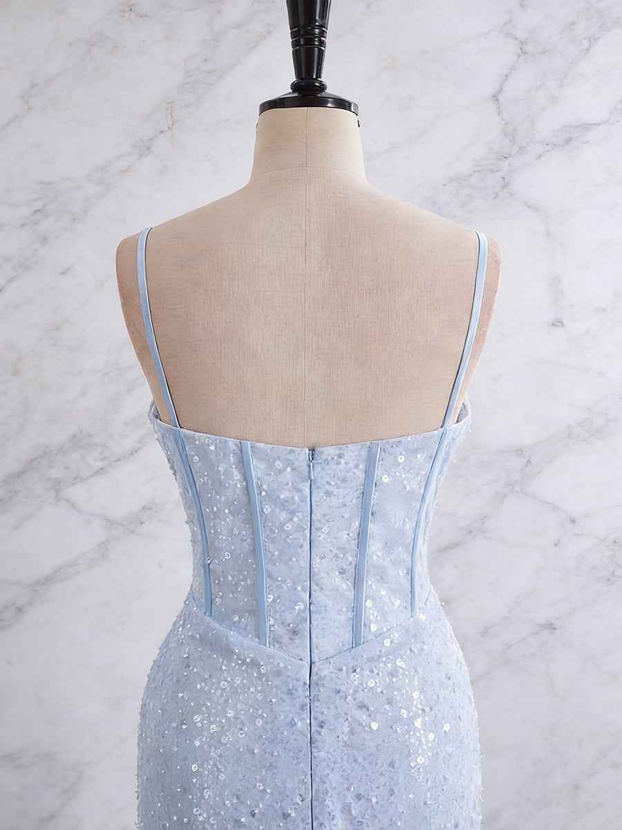 Light Blue Mermaid Prom Dress With Spaghetti Straps And Sequin Beading
