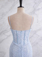 Light Blue Mermaid Prom Dress With Spaghetti Straps And Sequin Beading