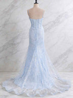 Light Blue Mermaid Prom Dress With Spaghetti Straps And Sequin Beading