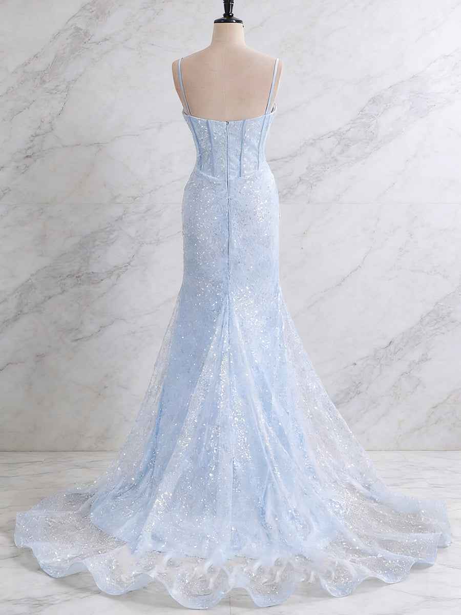 Light Blue Mermaid Prom Dress With Spaghetti Straps And Sequin Beading