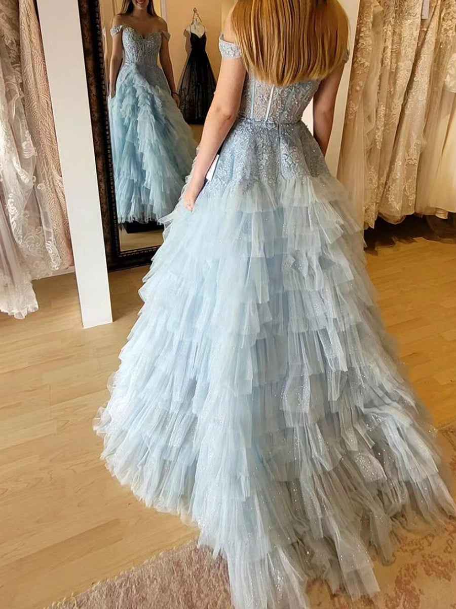 Light Blue Off Shoulder Tiered Ruffle Corset Long Prom Ball Gown Dress