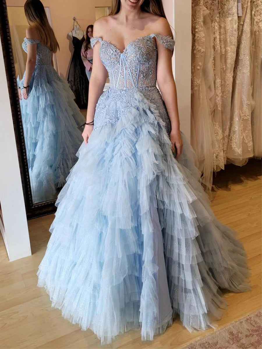 Light Blue Off Shoulder Tiered Ruffle Corset Long Prom Ball Gown Dress