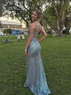 Light Blue Sequin Deep V Neck Long Prom Dress With Tank Straps