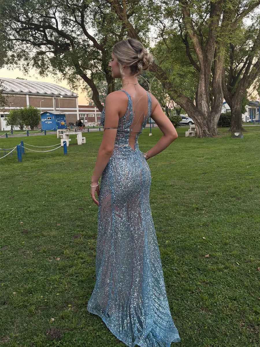 Light Blue Sequin Deep V Neck Long Prom Dress With Tank Straps