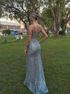 Light Blue Sequin Deep V Neck Long Prom Dress With Tank Straps