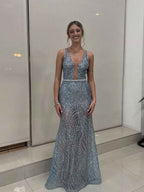 Light Blue Sequin Deep V Neck Long Prom Dress With Tank Straps