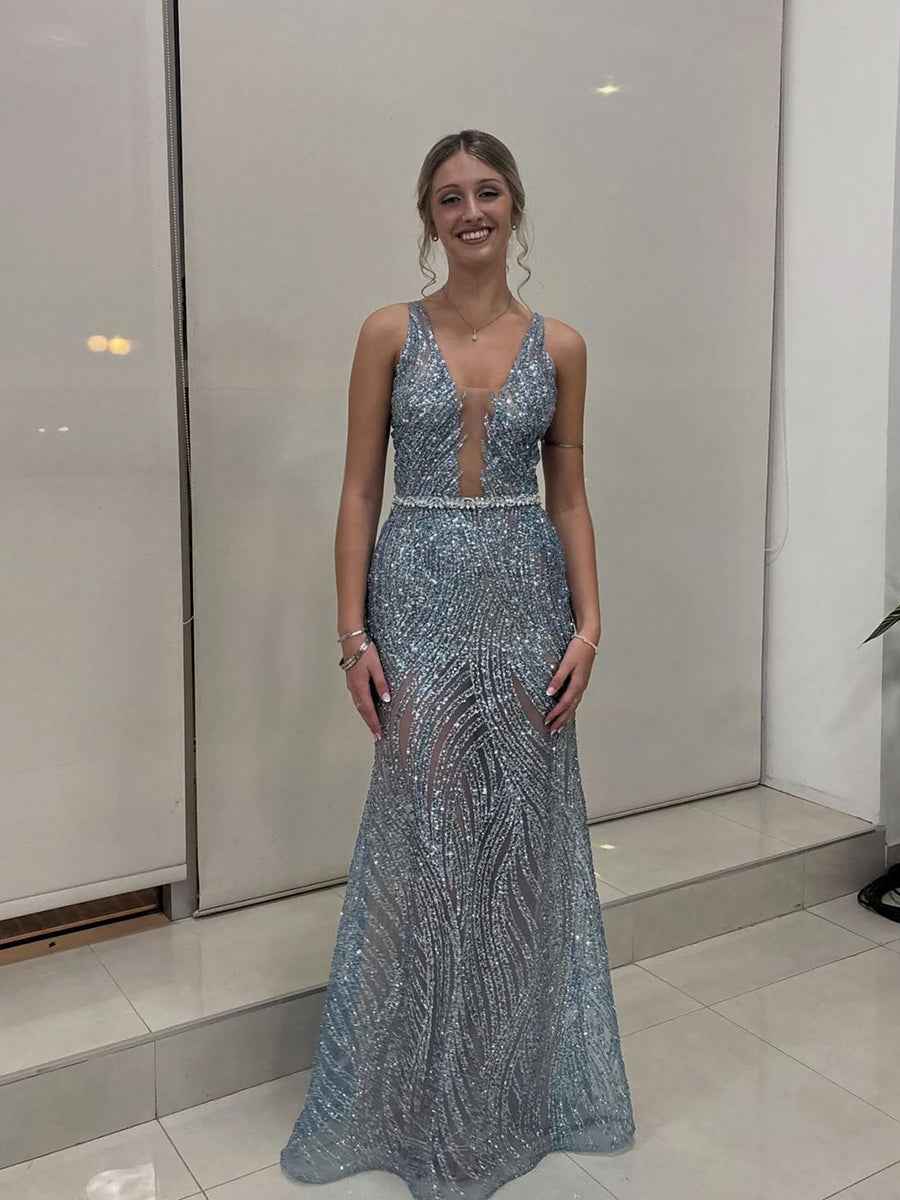 Light Blue Sequin Deep V Neck Long Prom Dress With Tank Straps