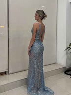 Light Blue Sequin Deep V Neck Long Prom Dress With Tank Straps