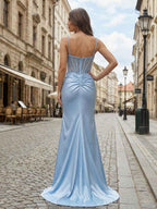 Light Blue Pearl Beaded Corset Satin Prom Dress with Slit