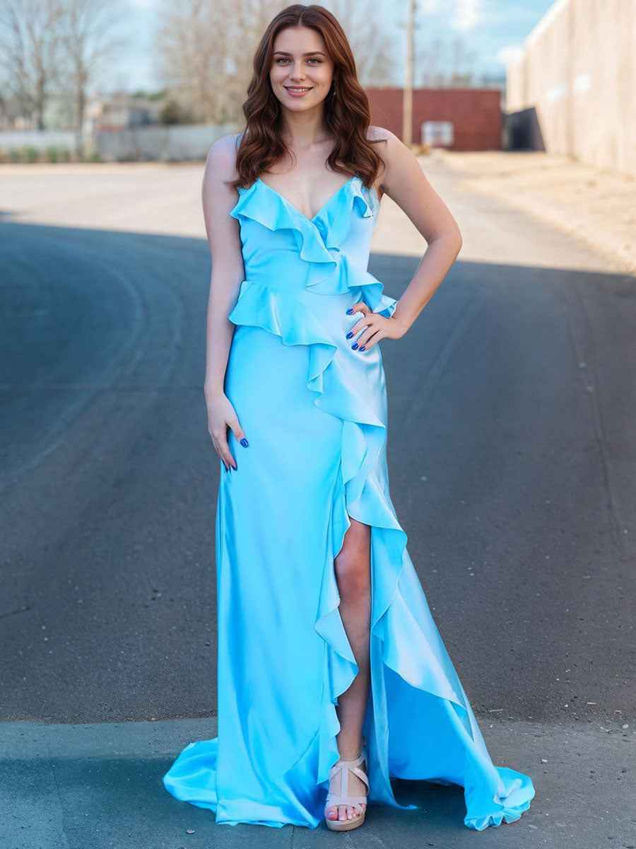 Light Blue Satin Prom Dress With V Neckline Fluttering Ruffle Bodice