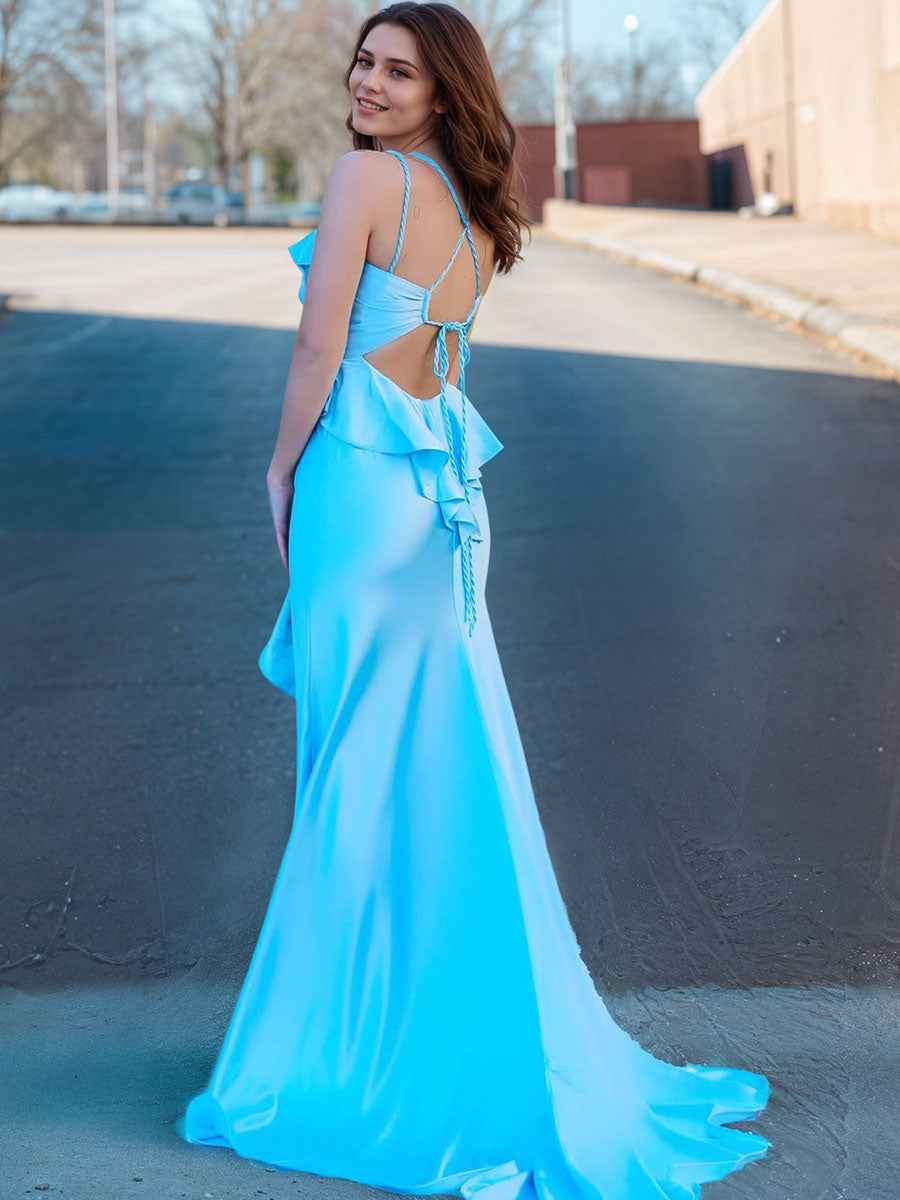 Light Blue Satin Prom Dress With V Neckline Fluttering Ruffle Bodice