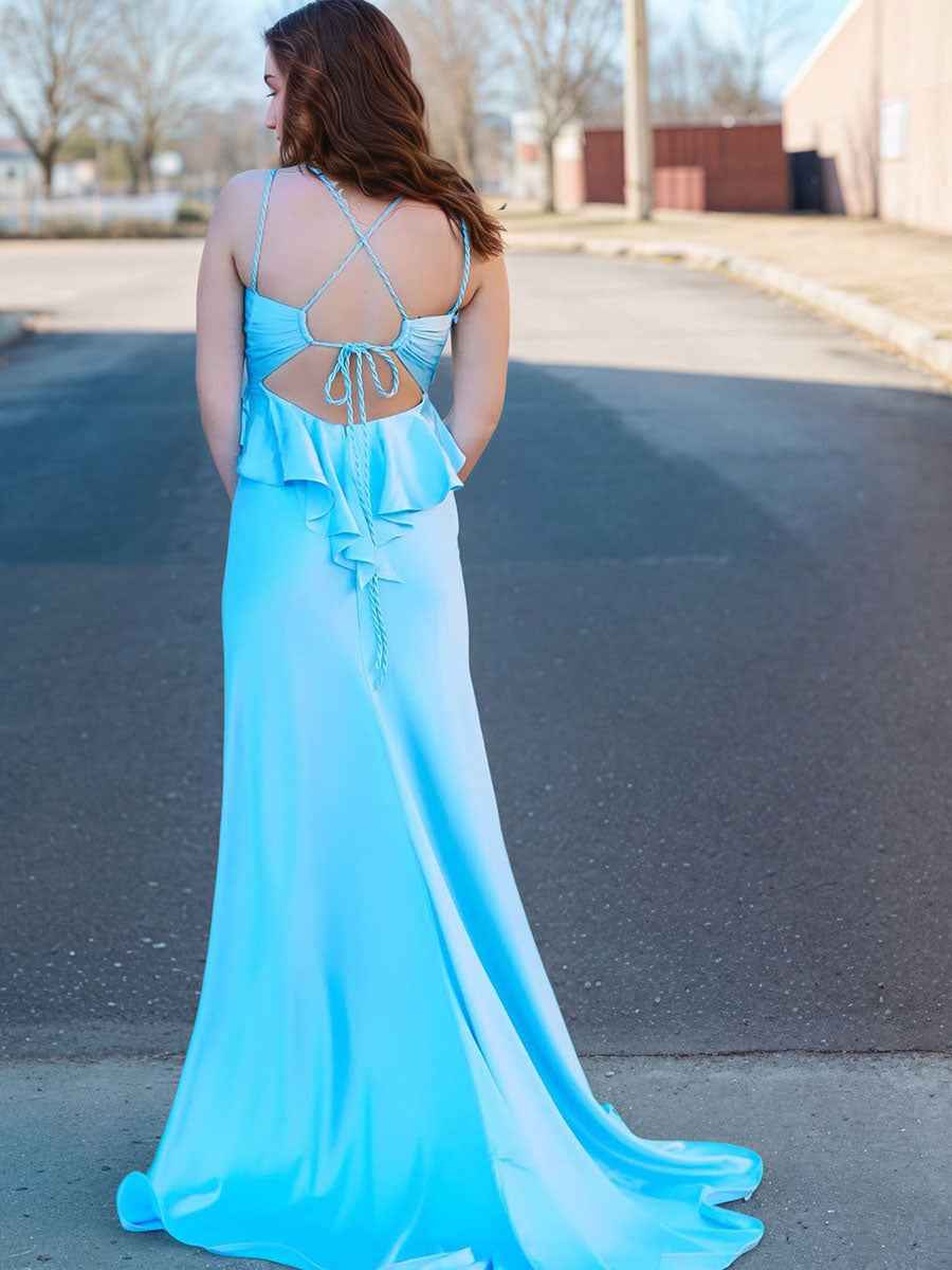 Light Blue Satin Prom Dress With V Neckline Fluttering Ruffle Bodice