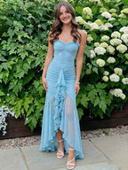 Light Blue Ruffled Mesh Sheer Long Prom Gown Dress