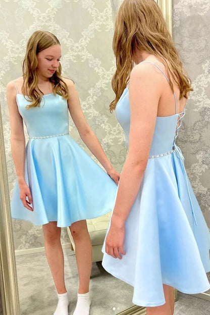Light Blue Satin Cheap Homecoming Dresses, Beaded Short Party Dresses