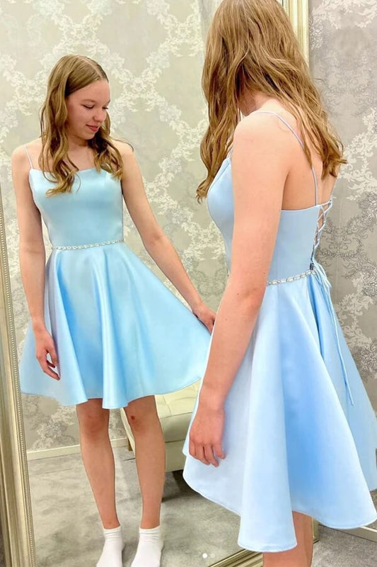 Light Blue Satin Cheap Homecoming Dresses, Beaded Short Party Dresses