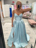 Light Blue Satin Corset Prom Dress With Slit A Line Long Gown