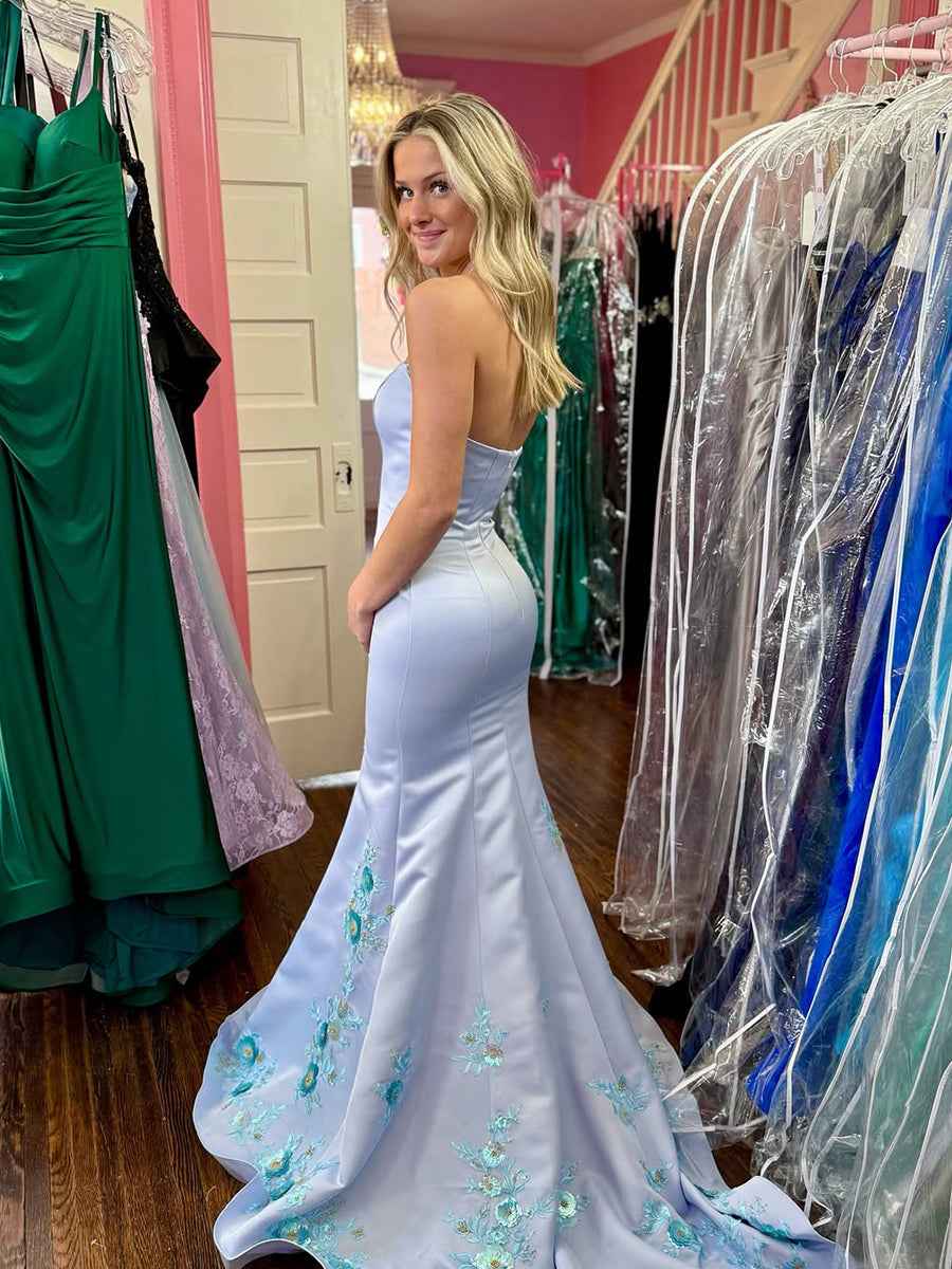Light Blue Satin Strapless Mermaid Prom Dress Floral Hem