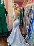 Light Blue Satin Strapless Mermaid Prom Dress Floral Hem