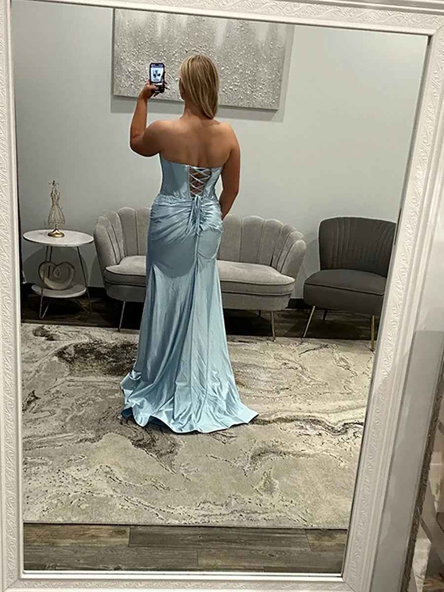 Light Blue Satin Lace Applique Corset Prom Gown