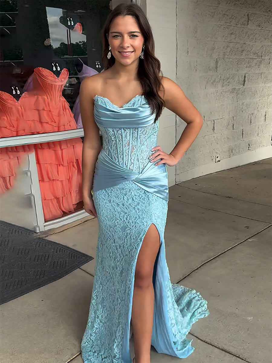 Light Blue Floral Lace Satin Corset Strapless Mermaid Prom Dress