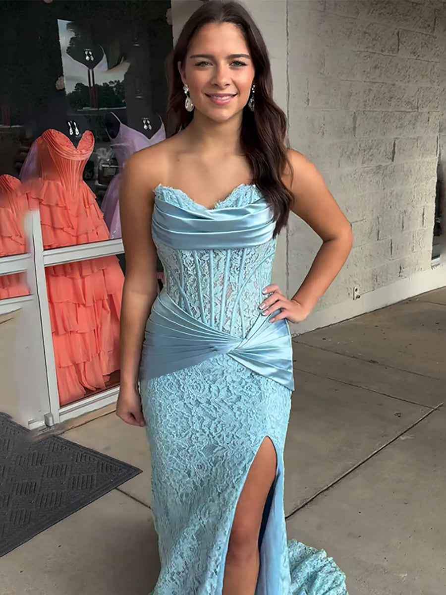 Light Blue Floral Lace Satin Corset Strapless Mermaid Prom Dress