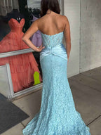 Light Blue Floral Lace Satin Corset Strapless Mermaid Prom Dress