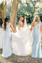 Light Blue Satin Sheath One Shoulder Floor Length Bridesmaid Dresses