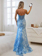 Light Blue Satin Pearl Beaded Corset Strapless Prom Dress