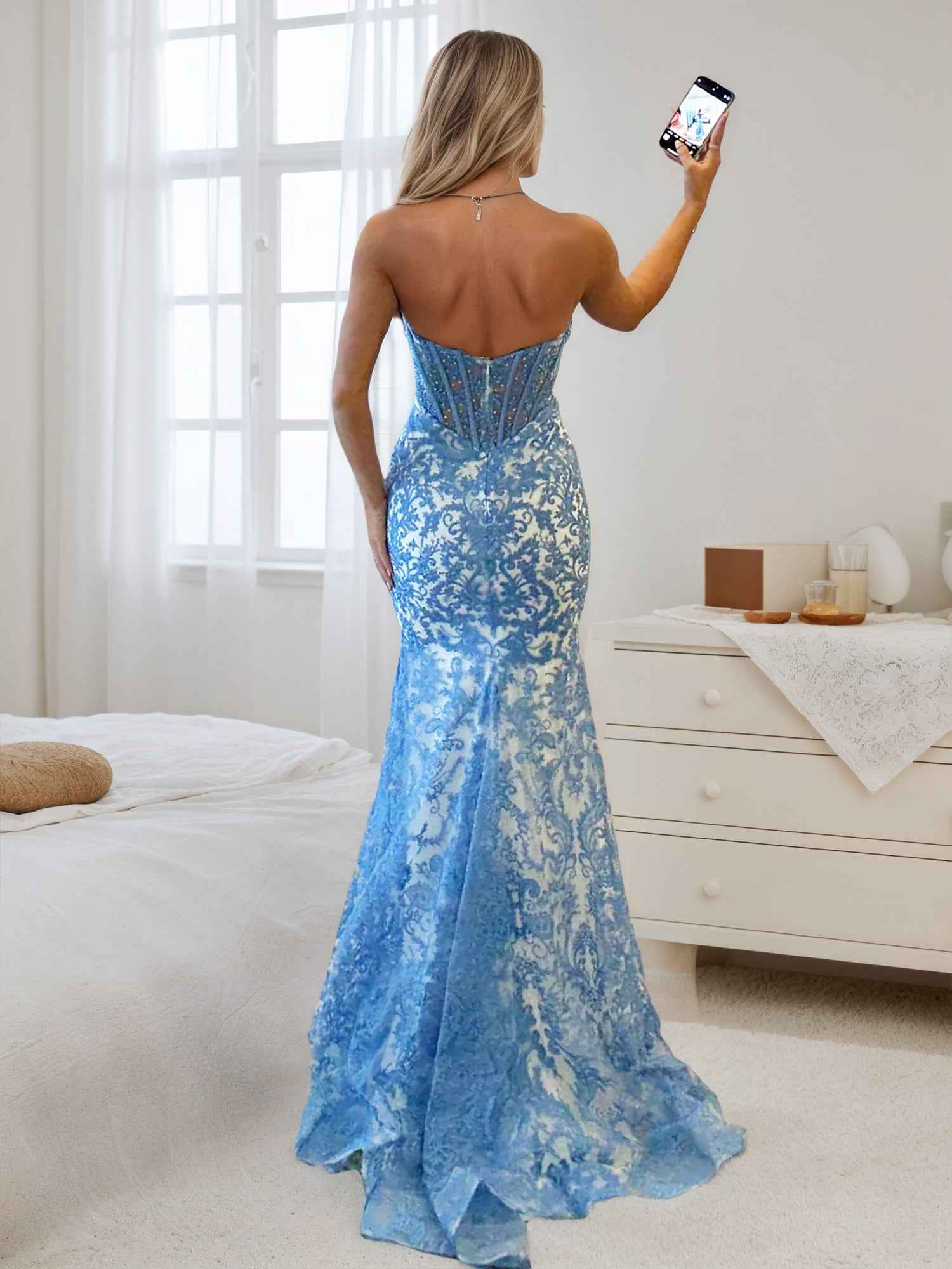 Light Blue Satin Pearl Beaded Corset Strapless Prom Dress