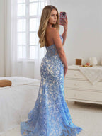 Light Blue Satin Pearl Beaded Corset Strapless Prom Dress