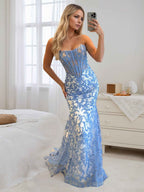Light Blue Satin Pearl Beaded Corset Strapless Prom Dress
