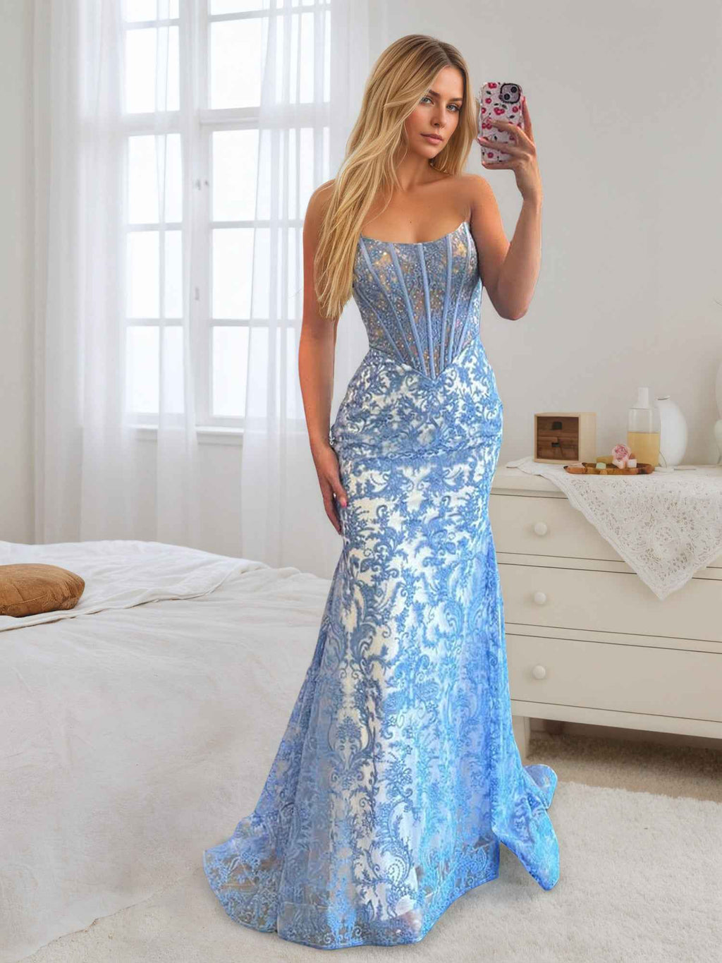 Light Blue Satin Pearl Beaded Corset Strapless Prom Dress